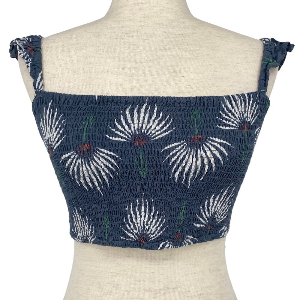 LULUS Floral Smocked Ruffle Tank Crop Top Dusty Blue Medium Stretch Cropped